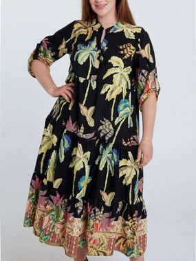 Civico 51 Made in Italy Palms Patchwork 100% Cotton Oversized Midi Dress M